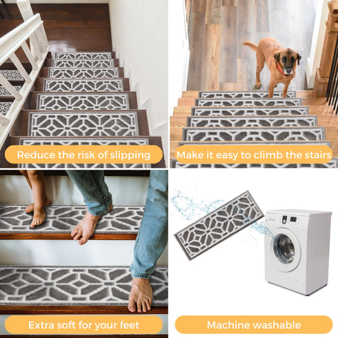 Ophelia  Gray/White  Authentic Turkish Premium Quality Stair Rugs - Medium Pile - Machine Washable Indoor Carpet Stair Treads-Multi Pack Sets With TPE Backing